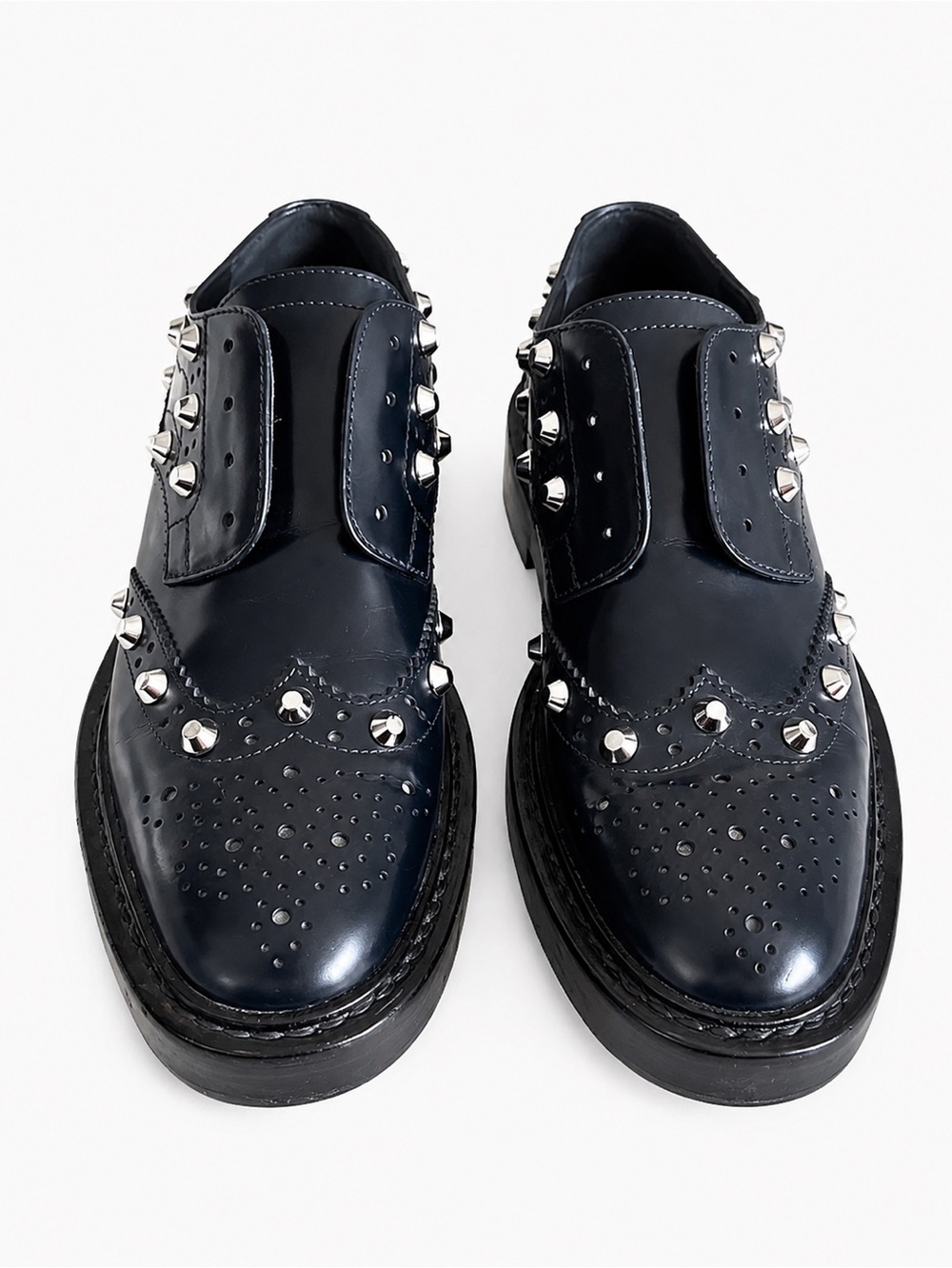 BALENCIAGA Studded Wingtip Platform Loafers Blue Leather Shoes